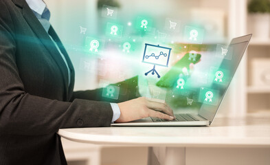 Businessman working on laptop with new business