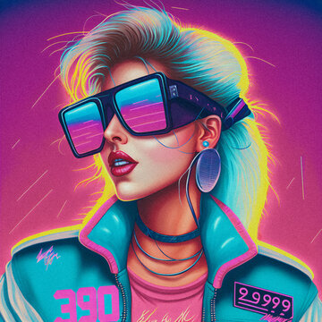 80s and 90s Vibes, Fashion and Style, Vintage and Retro Girl illustartion, granular texture Generative AI