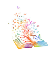 Open book with flying letters. Vector illustration