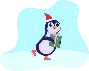 Winter season Christmas time cartoon penguin holding a present