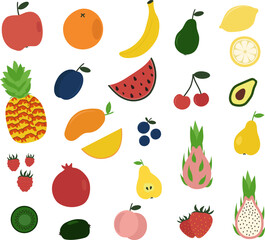 Doodle fruits. Natural tropical fruit, doodles citrus orange and lemon. Vegan kitchen hand drawn icons set, vegetarian food, organic fruits. Vector illustration isolated.