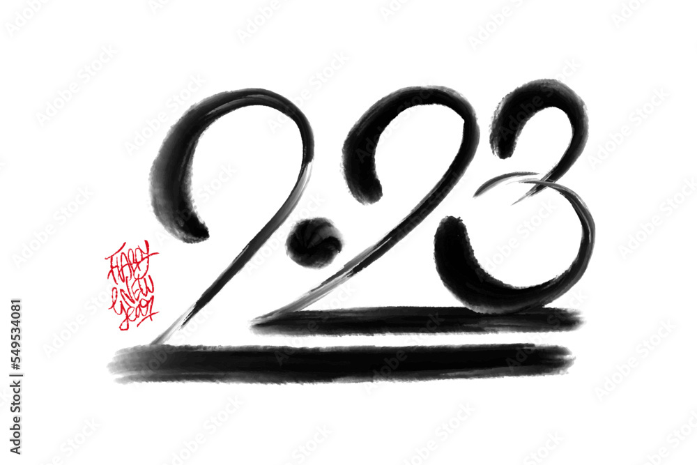 Poster 2023 vector ink hand-drawn numbers horizontal composition with happy new year phrase styled to look 
