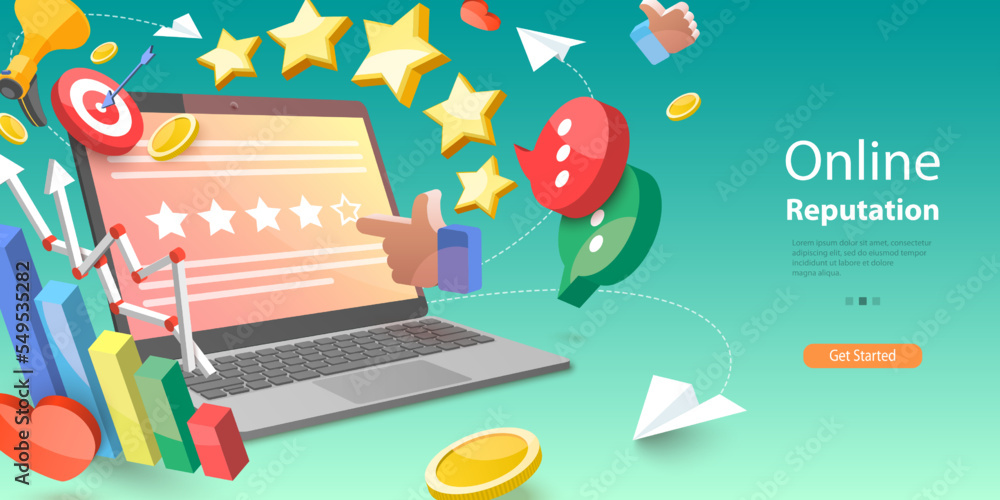 Poster 3d vector conceptual illustration of online reputation management, client rating and user satisfacti