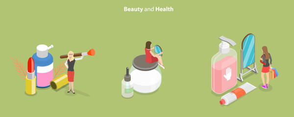 3D Isometric Flat Vector Conceptual Illustration of Beauty And Health, Skincare and Cosmetics