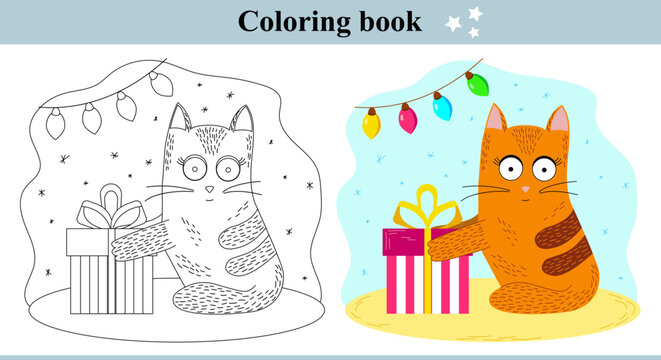 Coloring book with red cat with a gift in its paws and a garland in the background. Christmas or New Year vector illustration