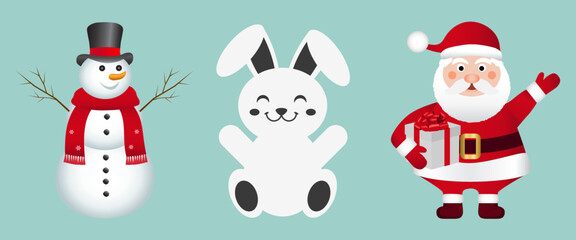 Vector set of traditional Christmas symbols, decoration. Snowman, santa claus, rabbit, hare. Symbol of 2023. Vector illustration