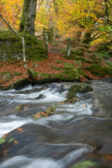 Long exposure of the Weir water river flowing at Robbers Bridge in Exmoor National Park