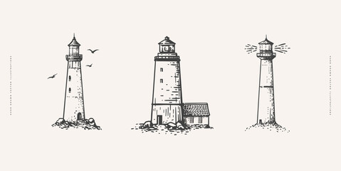 Set of vintage lighthouses in engraving style. Nautical lighthouse on an isolated background. Symbol of safety of navigation, tourism. Vintage vector illustration for postcard, book, textile design. - 549537457