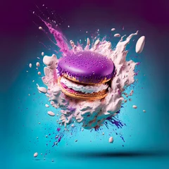 Poster French macaron exploding, purple macaron exploding on teal background, digital, illustration © Caphira Lescante