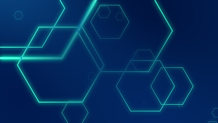 Abstract hexagon geometric blue neon lights technology dark background.