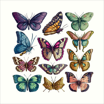 Cartoon butterflies set. Flying insects, delicate moths species with multicolored wings collection. Flying colorful insects, spring butterfly moth insect on isolated background. Vector illustration