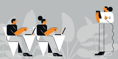 Business Marketing illustrations. Collection of scenes with men and women taking part in business activities. Team man and woman talk, discussion together. Vector modern flat illustration. 