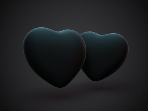 Two 3D black hearts on dark background. Concept of human relationships or wedding ceremony: lovers hearts made of stone. EPS 10, vector illustration.