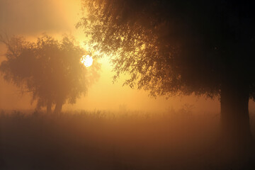 beautiful morning landscape with sunrise and fog in meadow with trees, selective focus