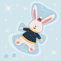 Cute rabbit makes snow angel, snowfall. Festive poster greeting card hand drawn. Flat vector illustration