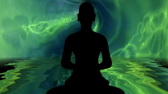 Buddhist monk in meditation pose against energy background