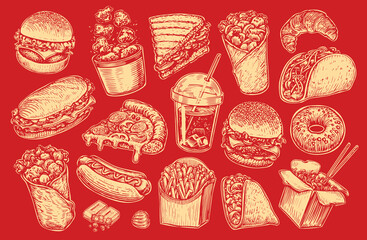 Fast Food and Drink set for restaurant or cafe menu. Street food, takeaway concept. Collection vector illustration
