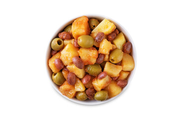 Puerto Rican traditional potato red kidney bean stew in a bowl on a white isolated background
