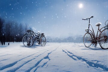 forgotten old Bicycles parked in snow