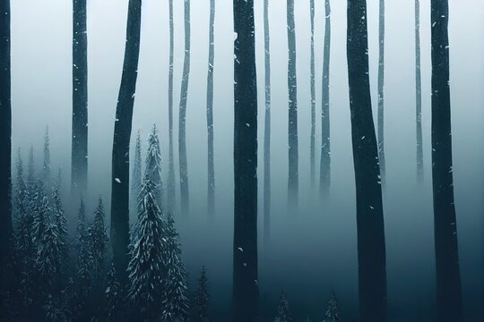frozen trees in misty winter forest