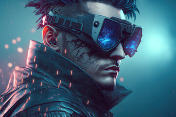 Digital artwork of sci-fi cyberpunk gangster character wearing futuristic glasses - obrazy, fototapety, plakaty