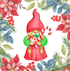 Christmas poinsettia frame with Gnome girl with striped candy cane. Watercolor cute gnome in funny hat for New year greetings card or invitation.