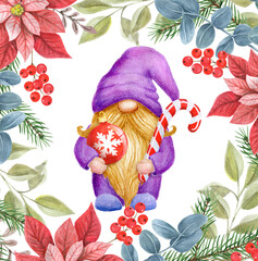 Christmas poinsettia frame with Gnome with striped candy cane and Christmas ball. Watercolor cute gnome in funny hat for New year greetings card or invitation.