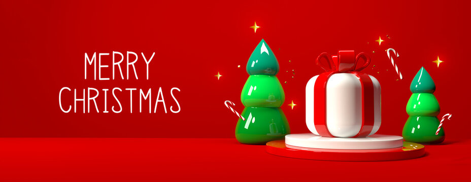 Merry Christmas message with gift boxes and trees on a red background