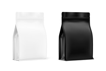 White and black stand-up pouch bags with flat bottom side gusseted and zipper. Realistic mockup. Half side view. Perfect for the presentation your product. EPS10.