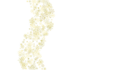 Glitter snowflakes frame on white horizontal background. Shiny Christmas and New Year frame for gift certificate, ads, banners, flyers. Falling snow with golden glitter snowflakes for party invite