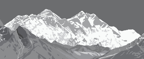 Mount Lhotse and Nuptse south rock face and top of Mt Everest, black and white vector illustration, Khumbu valley, Everest area, Nepal himalayas mountains - obrazy, fototapety, plakaty