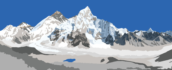 mount Everest and Nuptse from Nepal side as seen from Kala Patthar peak, vector illustration, Mt Everest 8,848 m, Khumbu valley, Sagarmatha national park, Nepal Himalaya mountain - obrazy, fototapety, plakaty