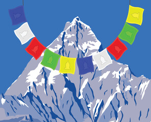 vector illustration of mount Machapuchare or Machhapuchhare and biddhist prayer flags, Annapurna range, Nepal Himalaya mountains