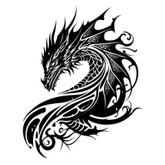 A black and white dragon tattoo design on a white background