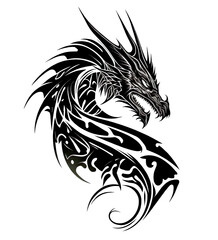 A black and white dragon tattoo design on a white background