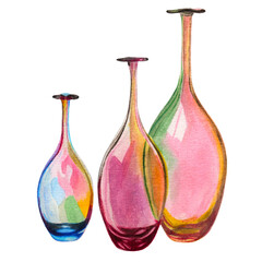 Watercolor vintage colorful bottles clipart on a transparent background, hand-drawn with watercolors for web pages, cards, posters, prints and other, PNG file 5000х5000 px at 300 dpi. Raster image.