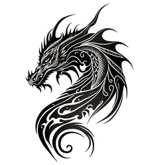 A black and white dragon tattoo design on a white background