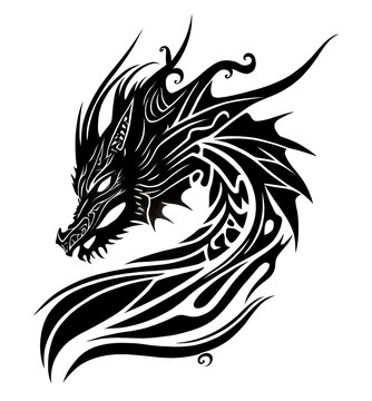 A black and white dragon tattoo design on a white background