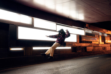 Man in VR headset levitating above ground