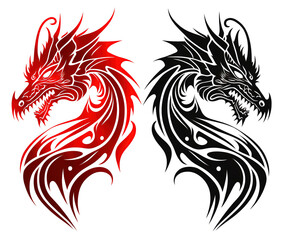 Obraz premium two dragon tattoos on a white background, one is red and the other is black and white, both have a dragon's head and tail