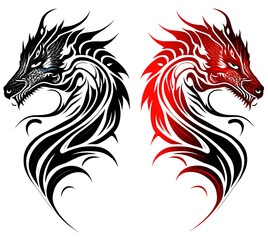 Naklejka premium two dragon tattoos on a white background, one is red and the other is black and white, both have a dragon's head and tail