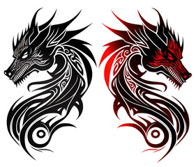 two dragon tattoos on a white background, one is red and the other is black and white, both have a dragon's head and tail