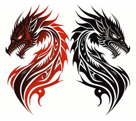 Obraz premium two dragon tattoos on a white background, one is red and the other is black and white, both have a dragon's head and tail