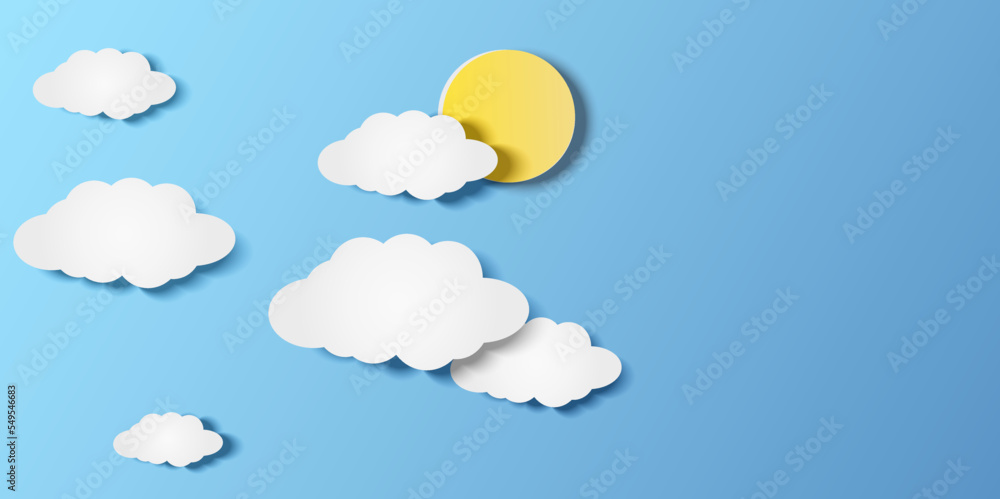 Wall mural Vector illustration of sun on blue sky with clouds.