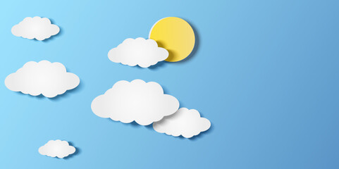 Vector illustration of sun on blue sky with clouds.