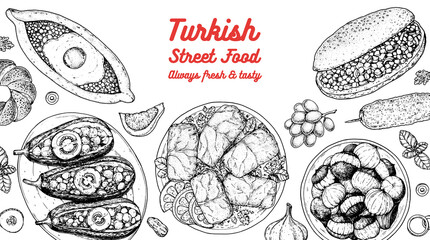 Turkish food top view vector illustration. Food menu design template. Hand drawn sketch. Turkish food menu. Vintage style. Imam Bayildi, Pide, Dolma, Kokorec, Roasted Chestnuts, Simit, Kebab.