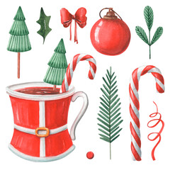Big christmas set with hand-drawn watercolor traditional elements. Cute santa's cup with striped candy and xmas tree, toy, branches and bow isolated on white. 