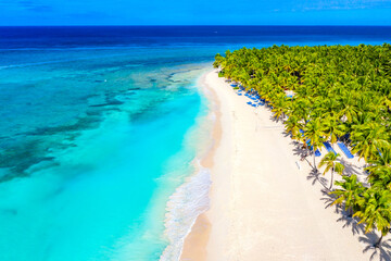 Aerial drone view of beautiful caribbean tropical island beach with palms. Saona, Dominican Republic. Vacation background.