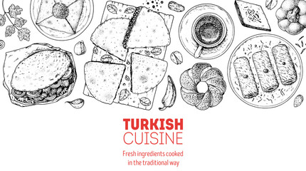 Turkish food top view vector illustration. Food menu design template. Hand drawn sketch. Turkish food menu. Vintage style. Doner kebab, katmer, gozleme, simit, turkish coffee, kadayif.