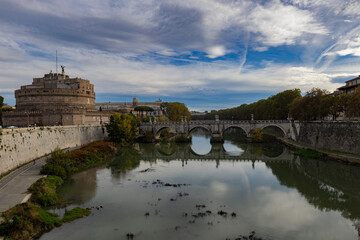 View of Castel Sant'Angelo and Ponte Sant'Angelo from Ponte Vittorio Emanuel II on River Tiber -...